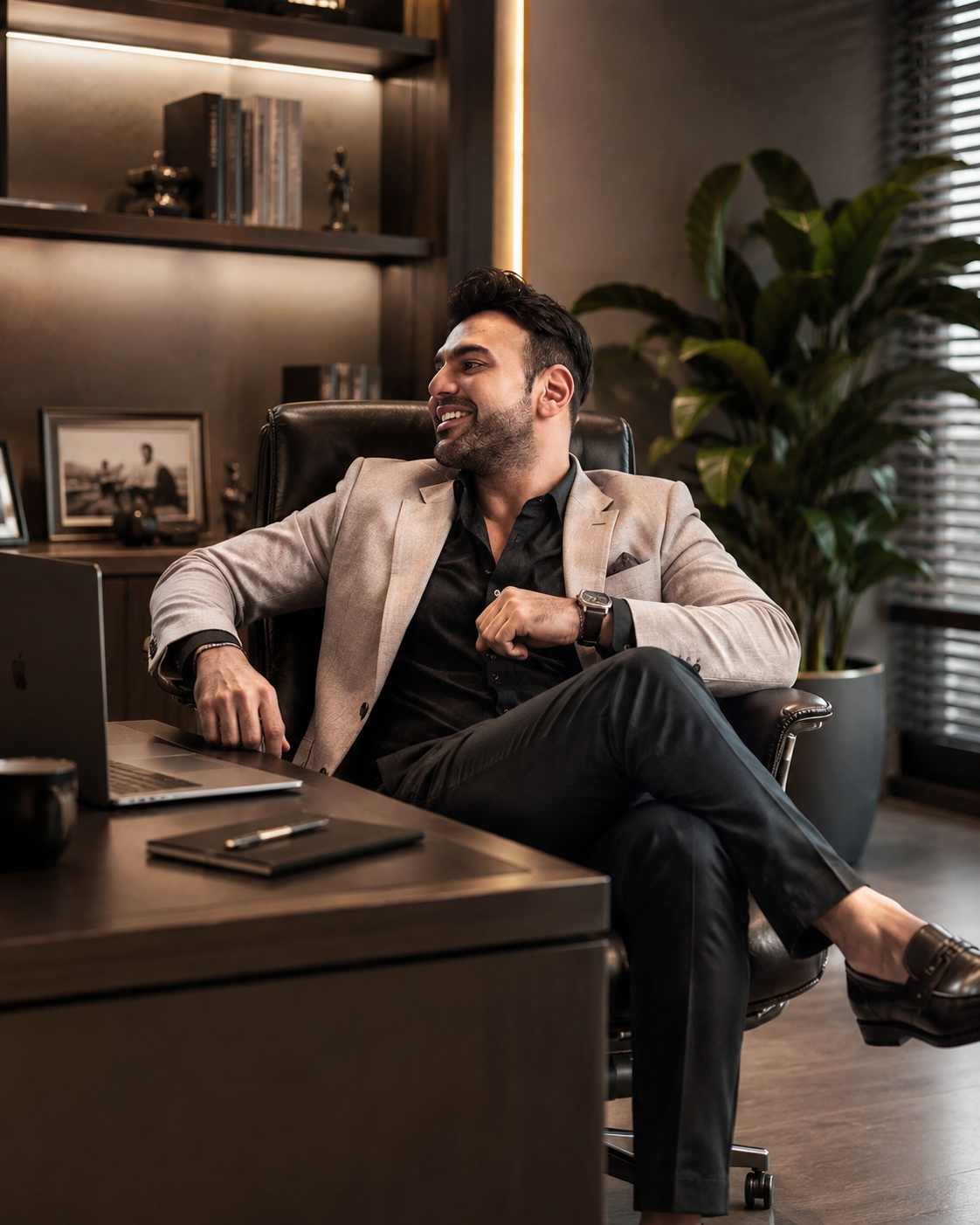Founder seated in an office chair