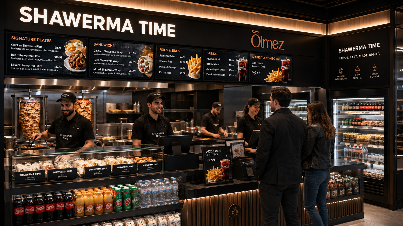 SHAWARMA TIME counter floor with menu boards and customers in line